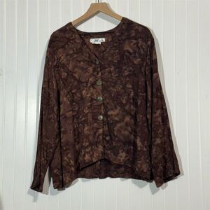 Colors Artwear Silk Blend Blouse M 3 Brown Marbled‎ Button Front Boho Artsy Top